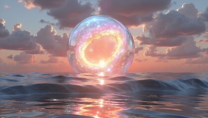 Vibrant Rainbow Sphere Floating on a Calm Ocean at Sunset, Pastel Colors, AI Generative Pride Month Image