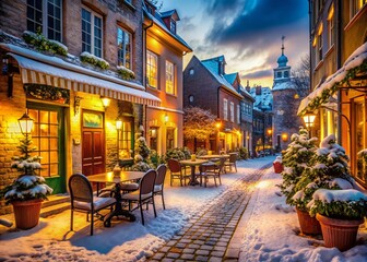 Obraz premium Charming European Winter Street Cafe: Cozy Snow-Covered Cobblestone Streets, Historic Architecture, Evening Lights