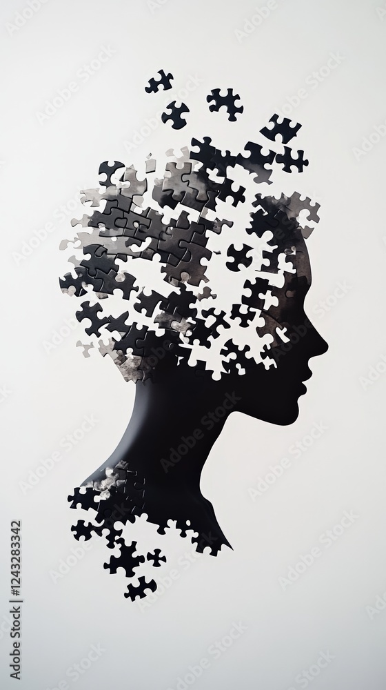 Poster silhouette of a person with puzzle pieces forming an explosive pattern from the head, symbolizing st