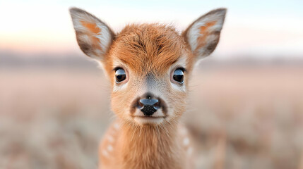 Fawn portrait, field sunset, wildlife, nature
