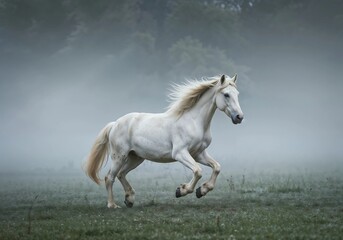 Fototapeta premium Majestic White Horse Galloping in Mist