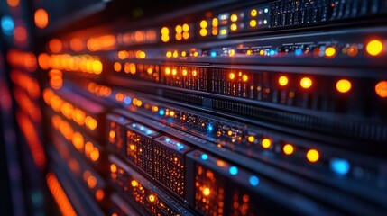 Fototapeta premium Close-up view of illuminated server racks showcasing data processing technology in a server room
