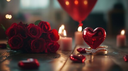 A Romantic Valentine's Day Arrangement: A Sparkling Diamond Ring Nestled Beside a Delicate Red Heart, Surrounded by a Bouquet of Lush Red Roses and Flickering Candles, All Bathed in a Soft, Dreamy Lig