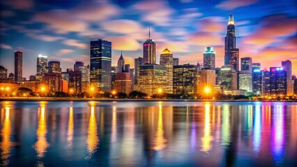 Obraz premium Chicago Skyline Lake Michigan Bokeh Night Photography