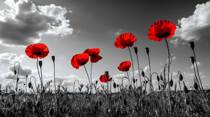 Obraz premium black-and-white photo with only the red poppies in color, emphasizing love and remembrance 