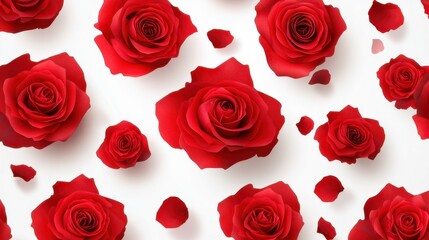 A close-up of a vibrant red rose with delicate dewdrops on its petals, isolated on a pure white background.