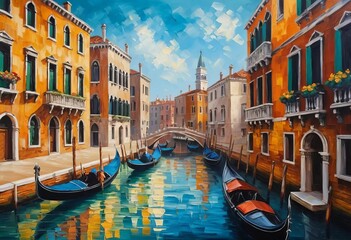 An oil painting of a picturesque Venice cityscape with vibrant colors and brushstrokes