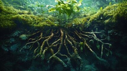 Underwater plant roots, moss, aquatic life, sunlit cave, nature background