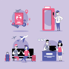 Collection of various travel moments, including airport check-in, waiting areas, and security processes. Journey of travelers concept