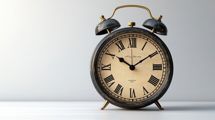 Vintage Alarm Clock with Roman Numerals on White Surface