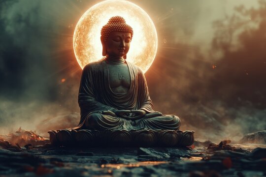 Serene Buddha statue, orange moonlit night, smoky landscape, meditation