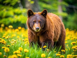 Fototapeta premium Cinnamon Black Bear in Spring Dandelion Meadow - Wildlife Photography