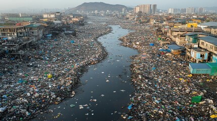 Aerial view of polluted river choked with plastic waste, slum homes in background