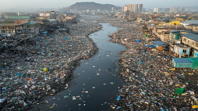 Aerial view of polluted river choked with plastic waste, slum homes in background