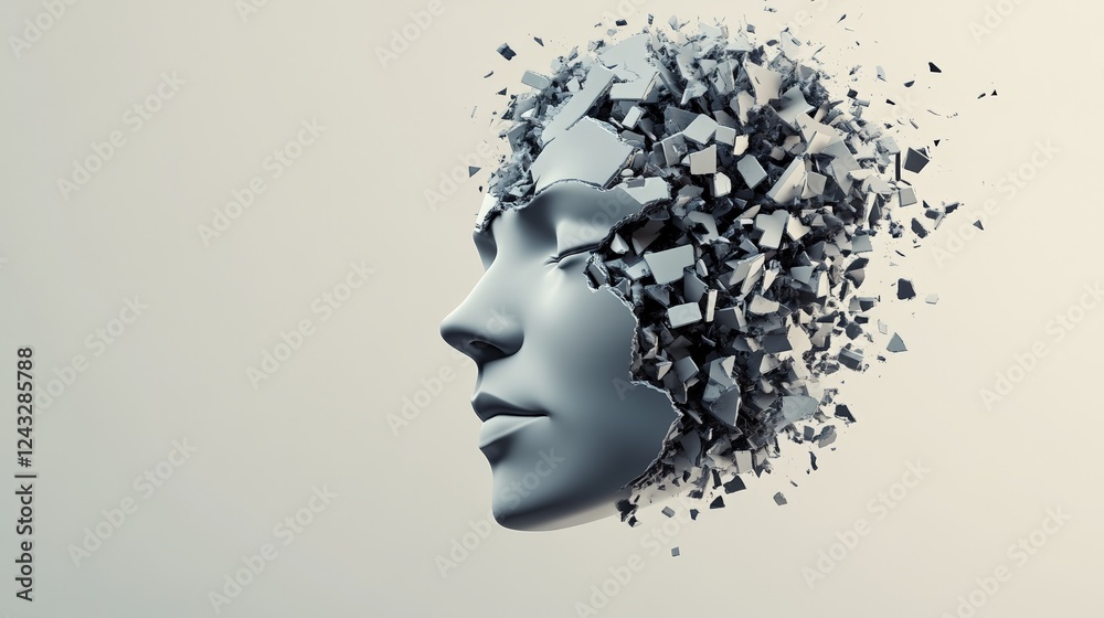 Poster exploding human head fragmenting into pieces against a neutral background, illustrating mental healt