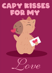 capybara sending kisses and holding a love letter on a deep pink background. Perfect for Valentine's Day, romantic messages, greeting cards, anniversaries, and heartfelt gifts expressing love