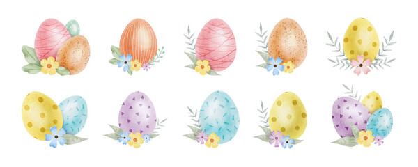 Colorful Easter eggs decorated flowers and leaves set. Isolated hand drawn watercolor collection of illustrations. Clipart for Happy Easter cards, wrapping paper, textiles, posters and invitations.