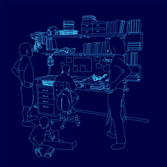 A family is sitting at a desk with a woman looking at a child. Scene is warm and family-oriented