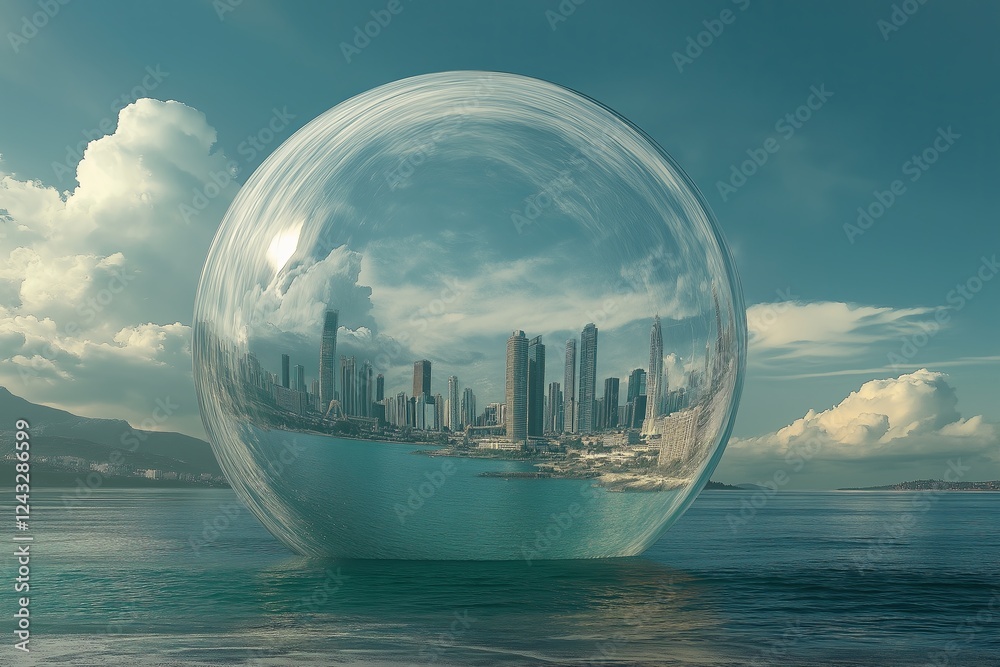 Poster a city inside a giant bubble, floating over an endless ocean.