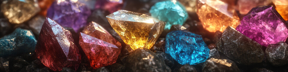 Obraz premium Colorful Raw Gemstones on Dark Gravel Surface