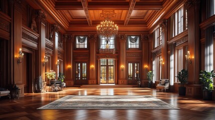 Fototapeta premium Grand Mansion Hallway Interior Sunlight Luxury Design