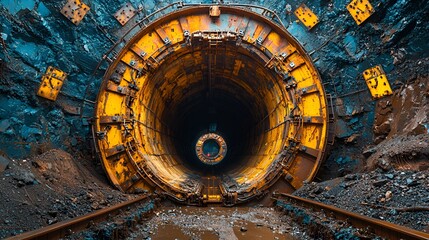 Obraz premium Tunnel Construction Site Underground Mining, Rail Tracks, Dark Interior