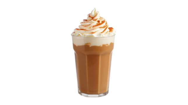 Pumpkin spice latte topped with whipped cream and sprinkled with cinnamon, isolated on a transparent background (PNG).