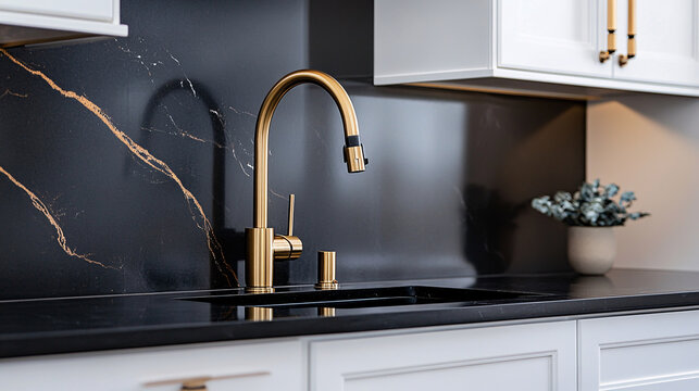 A kitchen sink detail features a modern black and gold faucet paired with a black stone countertop and white cabinets.