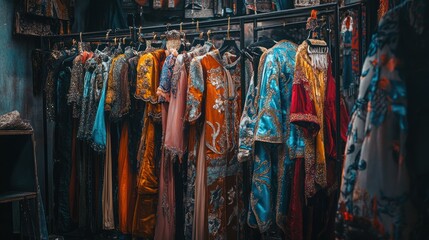 Vintage Chinese theatrical costumes hanging on racks.