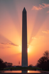 Sunset silhouette of the washington monument with flag washington d.C. Landscape photography urban environment wide angle national pride