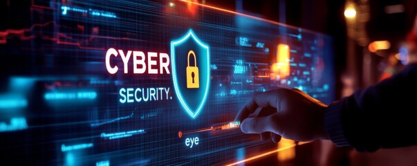 Cybersecurity Shield: A hand interacts with a futuristic digital interface displaying the words "Cyber Security" within a protective shield icon, representing online protection and digital safety.