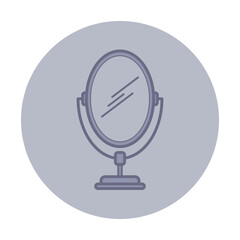 Line icon of vanity mirror with modern look. Mirror of oval shape supported by stand, against grey background