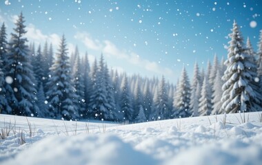Naklejka premium Snow-covered trees with a blue sky and falling snowflakes in the background