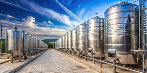 Reflective Steel Vats Under a Vivid Sky at a Modern Production Facility