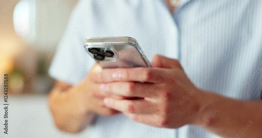 Aufkleber Man, hands and phone in home for social media, text message and ecommerce. Person, mobile networking and typing in living room for status update, communication and online shopping on app with service