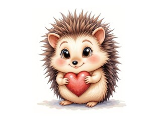 Cute little hedgehog holding a heart. On white isolated background in cartoon style.