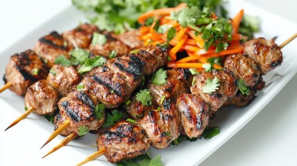 Delicious Grilled Meat Skewers with Fresh Salad and Herbs