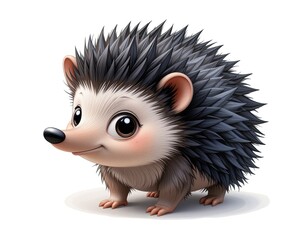 cute little black hedgehog . On white isolated background in cartoon style.
