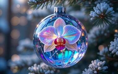 A pink orchid Christmas ornament hanging on a Christmas tree with snow on the branches
