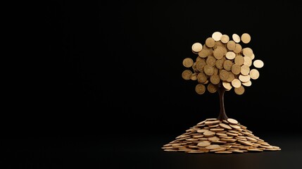 golden tree made of coins standing on pile of gold coins isolated against black background , business finance investment concept