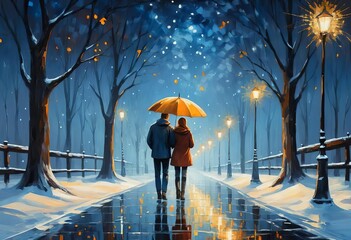 A romantic painting of a couple walking under a glowing umbrella in a starry night