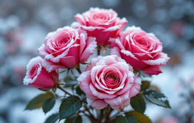 A bouquet of red roses with snow on the petals