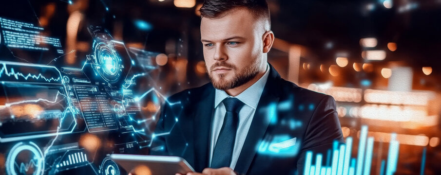 Digital Strategist at Work: A focused businessman uses a tablet, surrounded by futuristic holographic data displays. This image depicts innovation, technology.