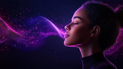 Obraz premium Serene woman with eyes closed, ethereal purple and blue particles flow from her mouth against a dark background. Profile view, calm mood.