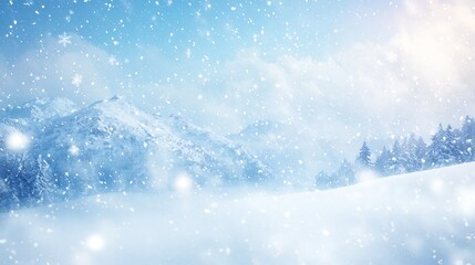 Naklejka premium Snowy mountain winter landscape, snowfall, serene scene, winter wonderland, ideal for seasonal greeting cards