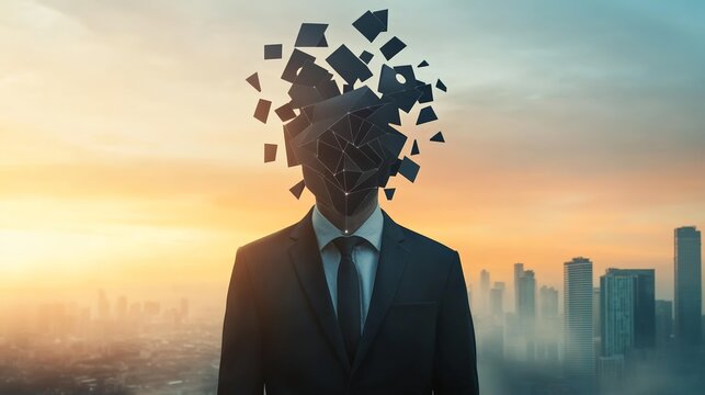Businessman with exploding head with information overload, migraine, stress, burnout, or other mental health issues during sunset with city in background