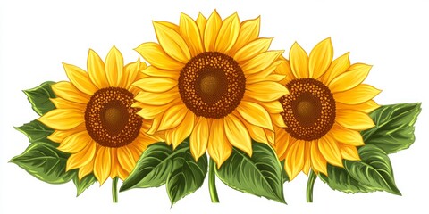Three Bright Yellow Sunflowers with Lush Green Leaves