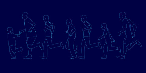 A series of people running in a line. The image is in black and is in a blue background