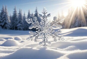 A 3D rendering of a snowflake on a snowy background with sunlight shining through it.