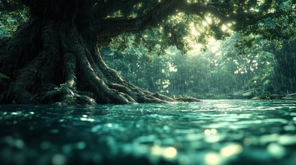 Ancient tree roots over a tranquil river in a mystical forest